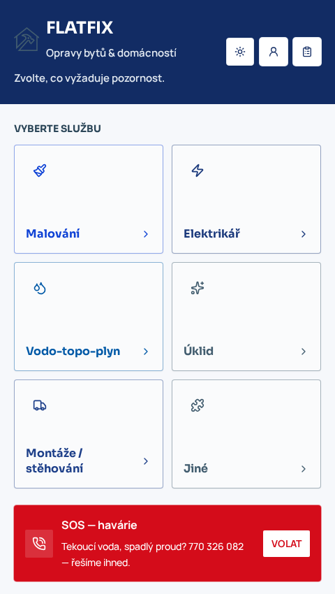 Aktuální aplikace FlatFix s modrým záhlavím a dlaždicemi služeb